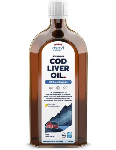 Norwegian Cod Liver Oil, 1000mg Omega 3 (Lemon) - 500 ml. | Osavi