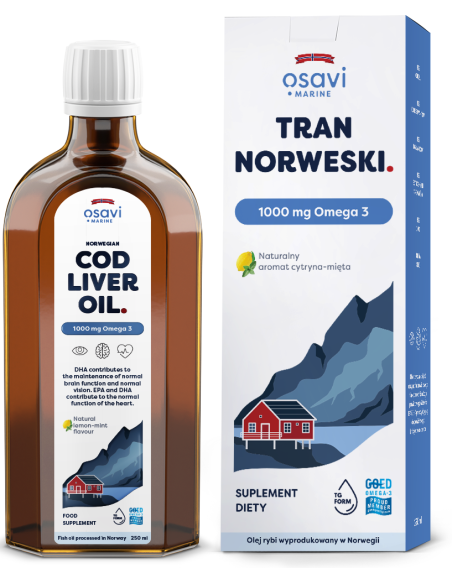 Tran Norweski, 1000mg Omega 3 (Cytryna - Mięta) - 250 ml. | Osavi