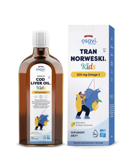 Tran Norweski Kids, 500mg Omega 3 (Cytryna) - 250 ml. | Osavi