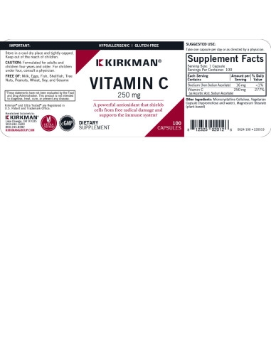 Vitamine C 250 mg – 100 capsules | Kirkman Labs