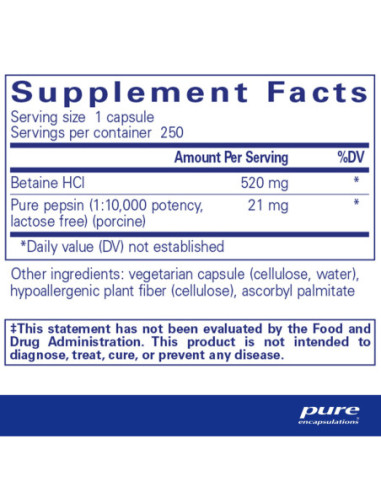 Betaine HCL Pepsin - 250 Capsules | Pure...