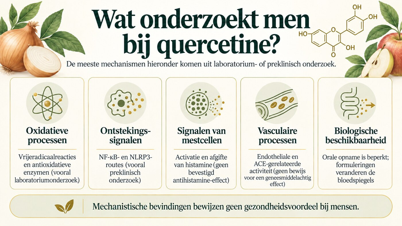 Overzicht van onderzoeksroutes rond quercetine, vooral gebaseerd op laboratorium- of preklinisch onderzoek