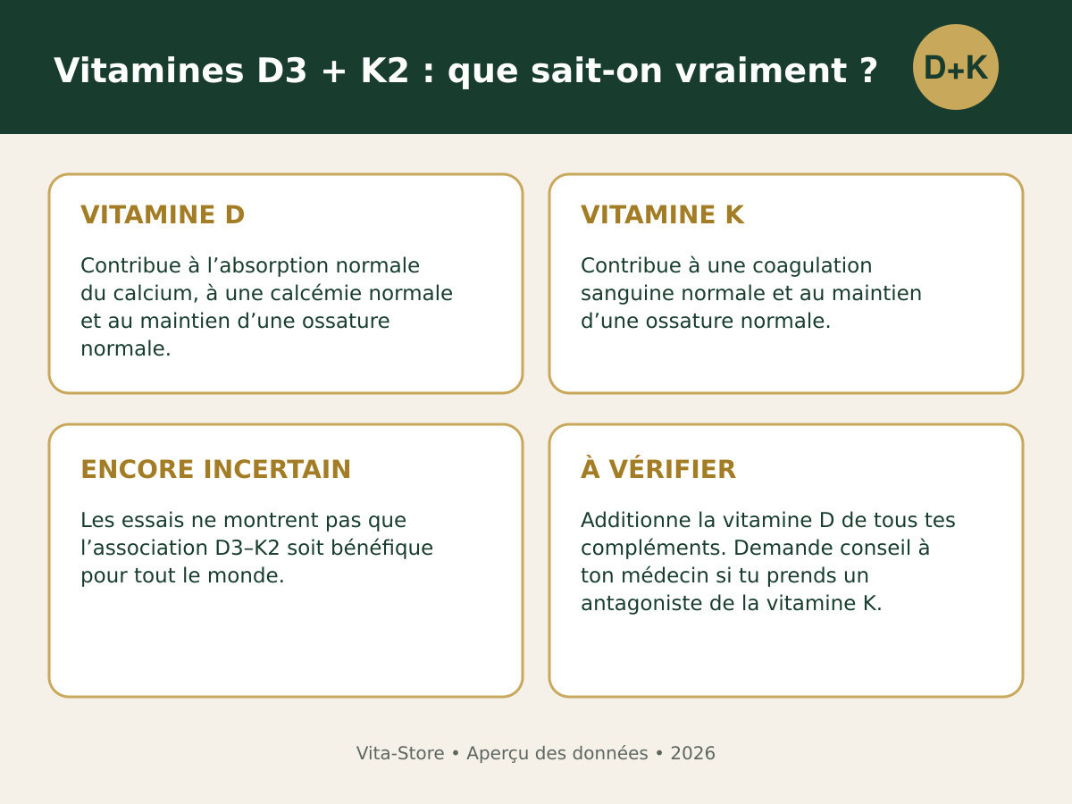 Vitamines D3 et K2 : rôles reconnus, incertitudes et précautions