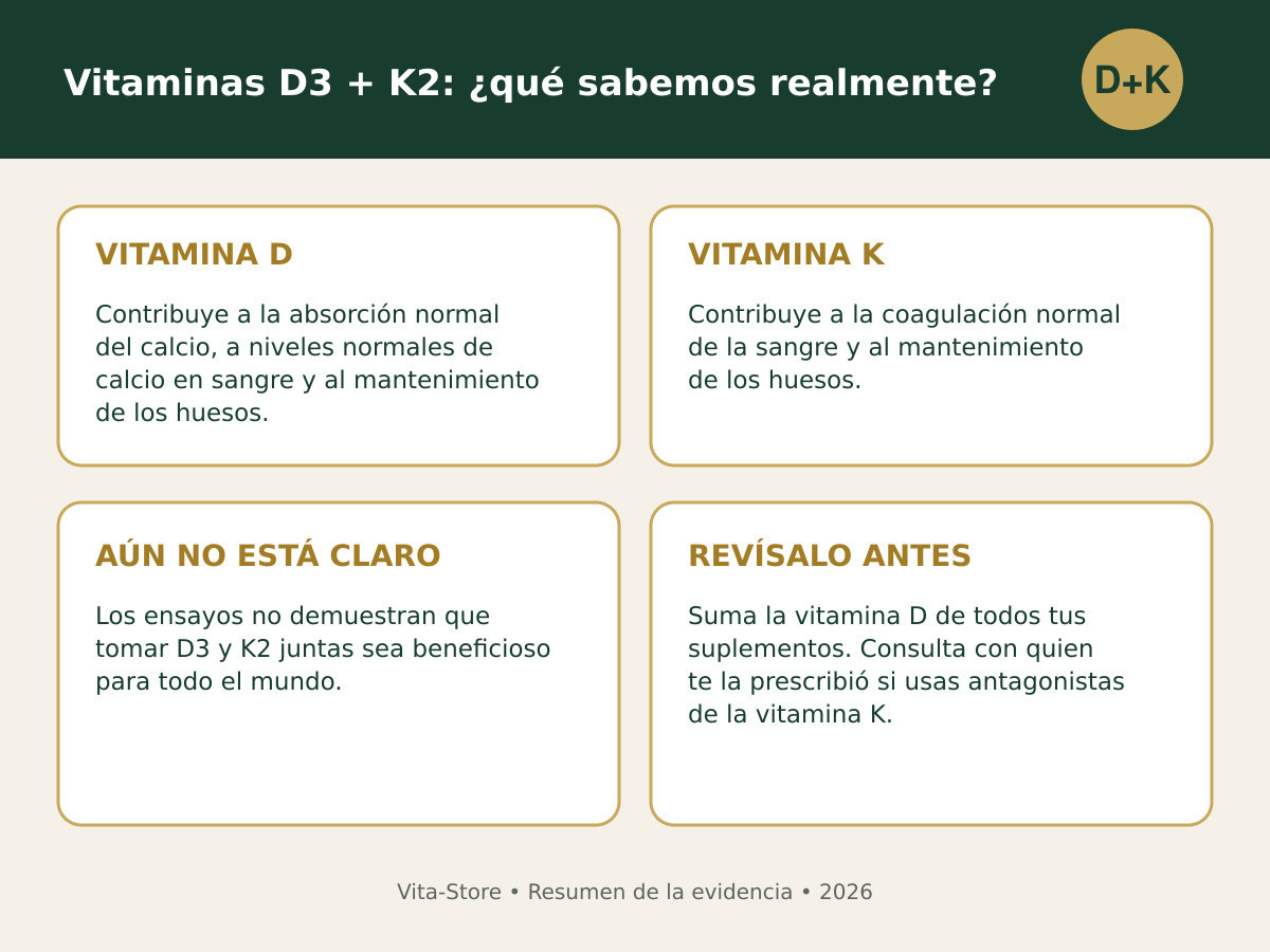 Vitaminas D3 y K2: funciones reconocidas, dudas y controles de seguridad