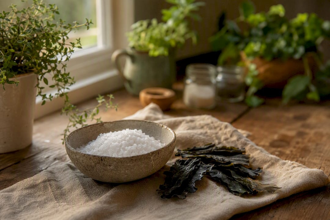 Iodised salt crystals and dried seaweed on a wooden table