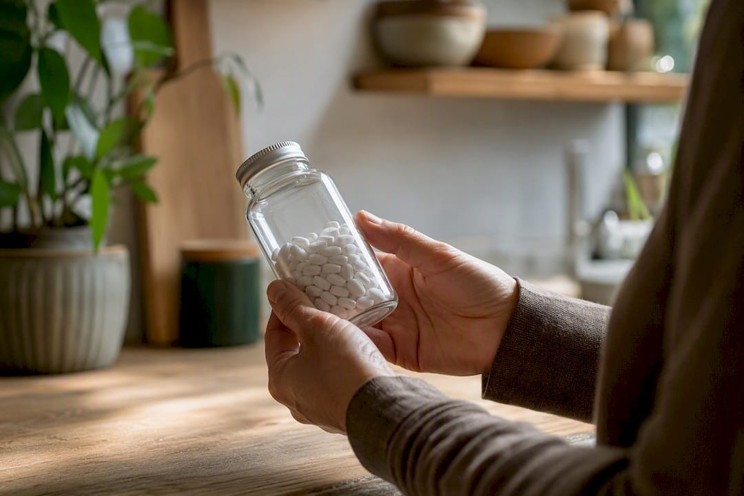 Person checking an iodine supplement bottle before use