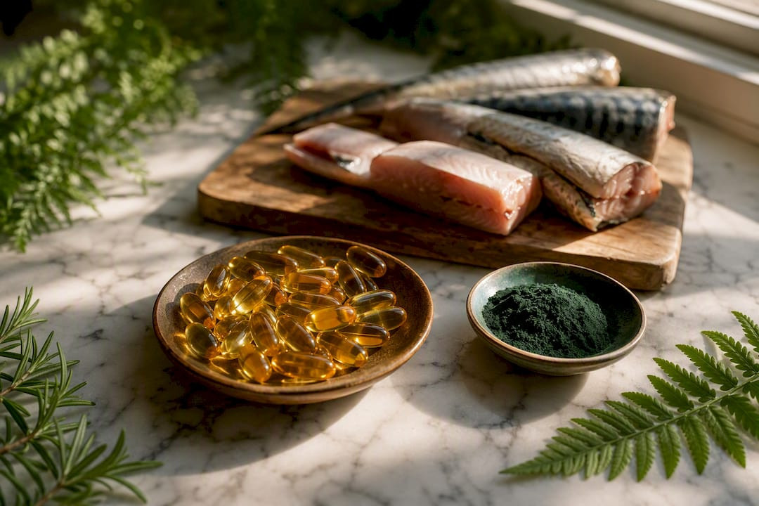 Omega-3 kapszulák tengeri hal és algapor mellett