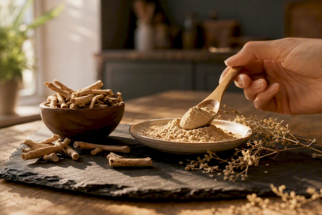 Ashwagandha root pieces and powdered herb