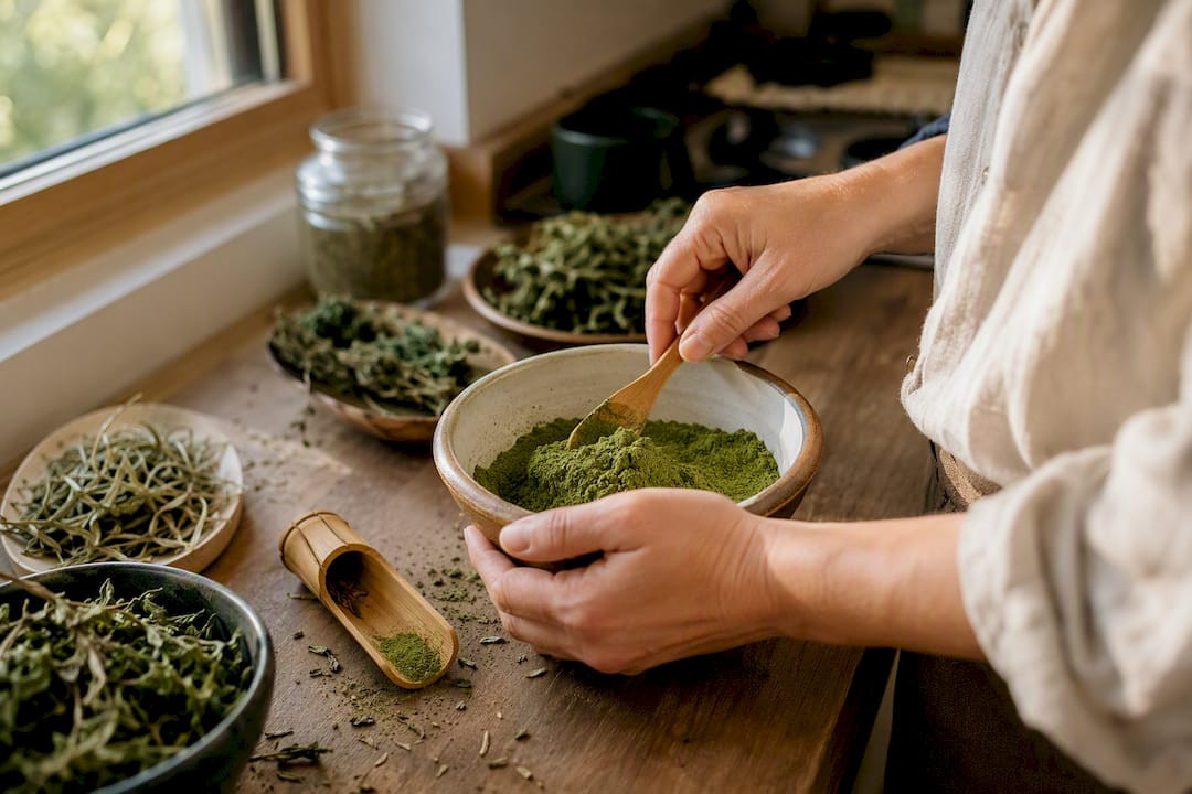 Hands stirring an ashwagandha herbal infusion