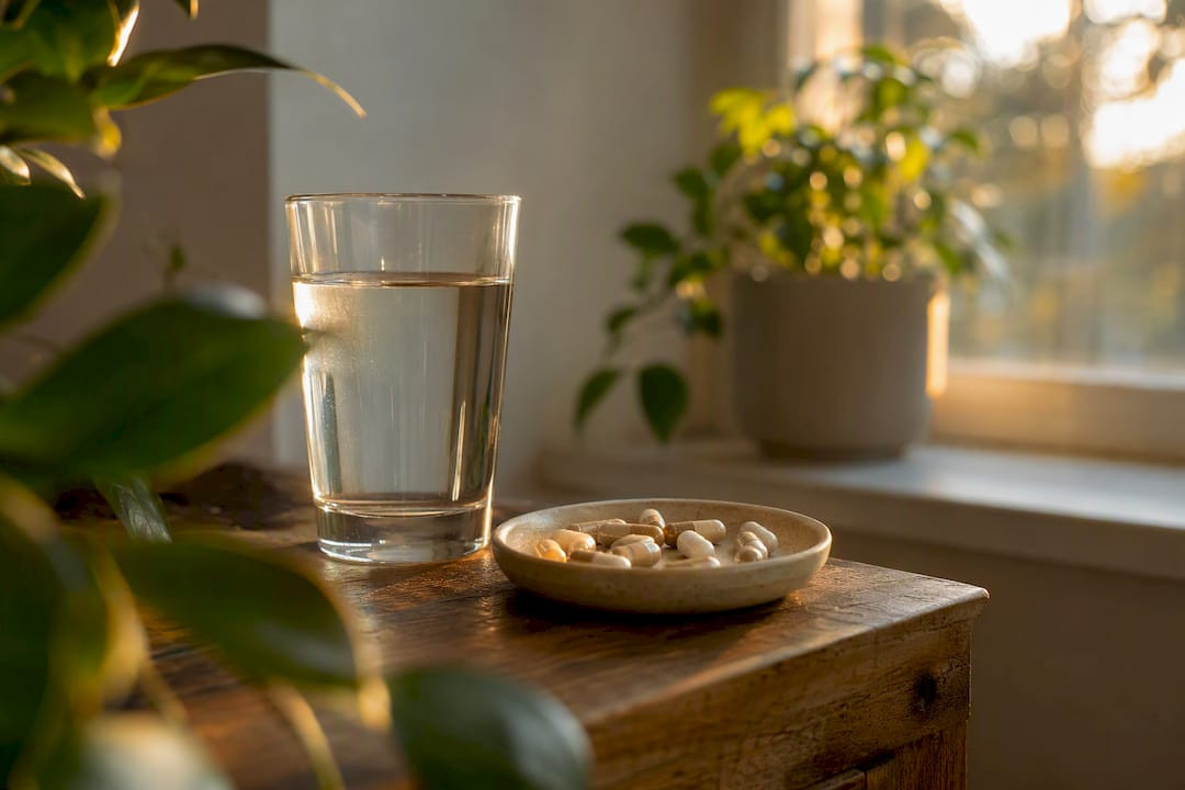 Herbal capsules and a glass of water on a bedside table