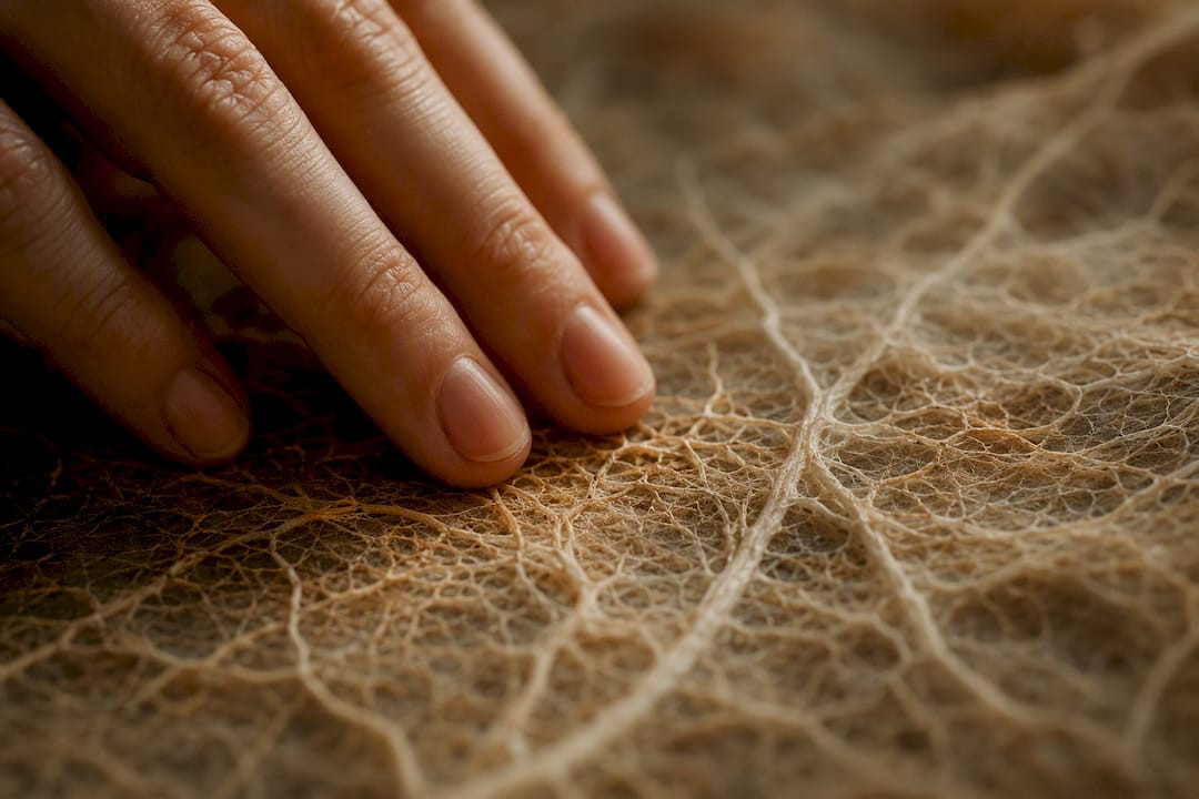 Fingertips touching a leaf-like texture representing nerve sensation